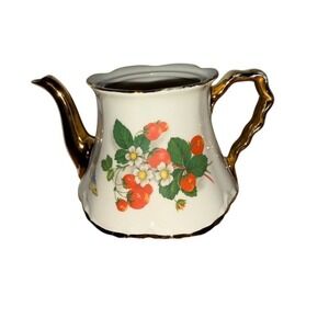 Vintage Bel-terr Strawberry Bone China Teapot Multicolor 22 Kt gold trim no lid